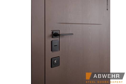 Вхідні двері квартирні abwehr модель 444 ekvatoria (колір карамельне дерево + дуб немо лате) комплектація megapolis